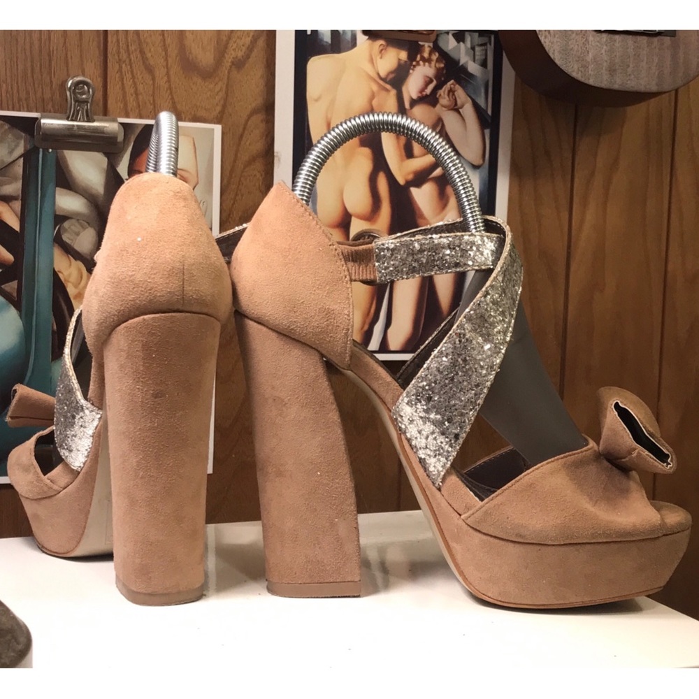 Platforms Chunky Heels Beige Nude Cream Suede Bow - Picture 6 of 8